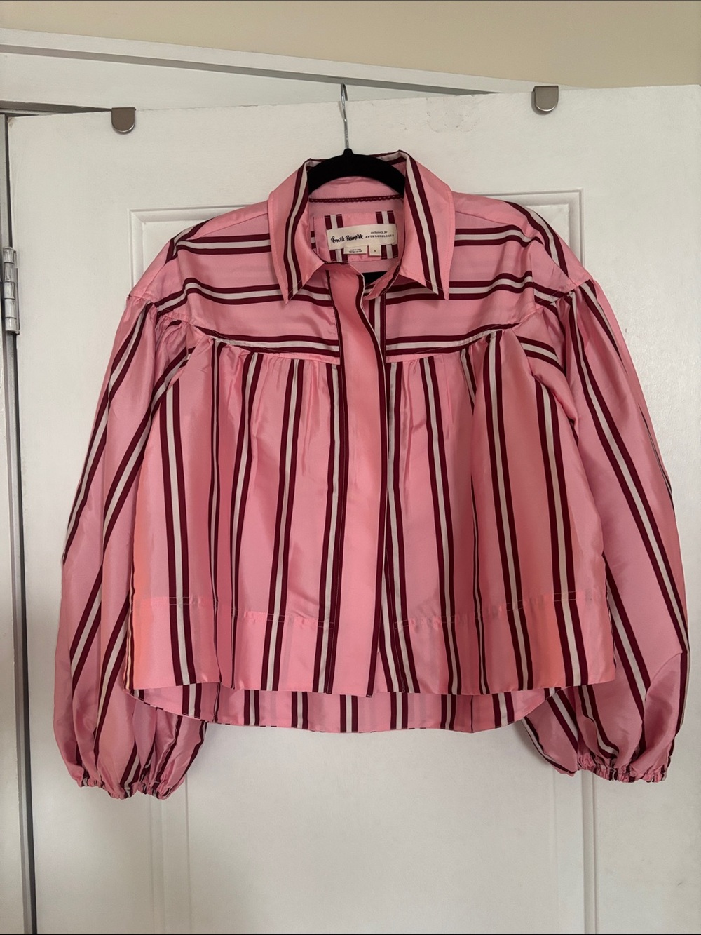 Pernille Rosenkilde for Anthropologie Puff-Sleeve Cropped Blouse, Pink Stripe, S - Picture 3 of 9